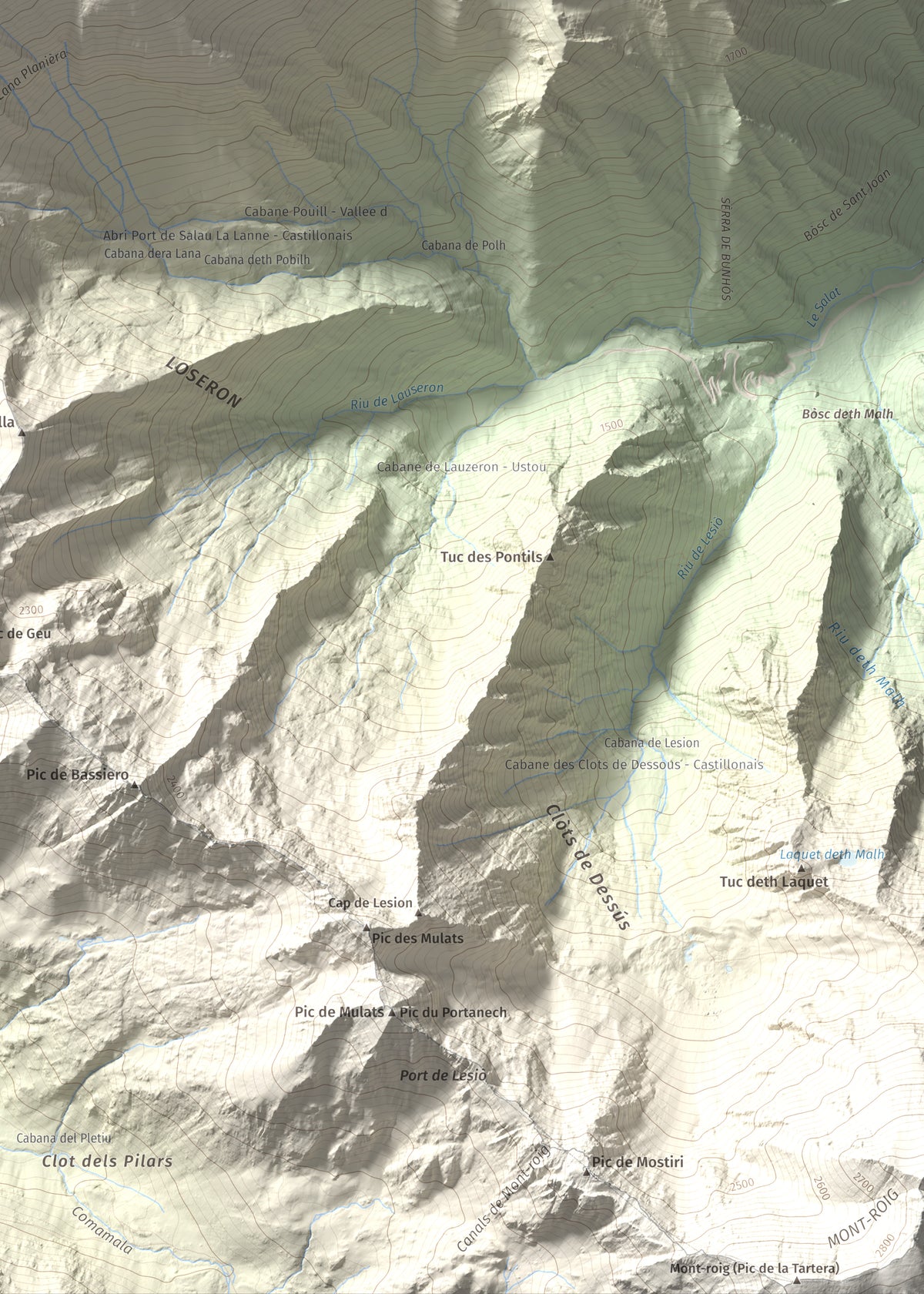 Mapa de relieve de Pic de Montalt, 2496 m, Pallars Sobirà, lámina 100 Cims de Trobart. Detalle de la zona inferior derecha. 50 × 70 cm.