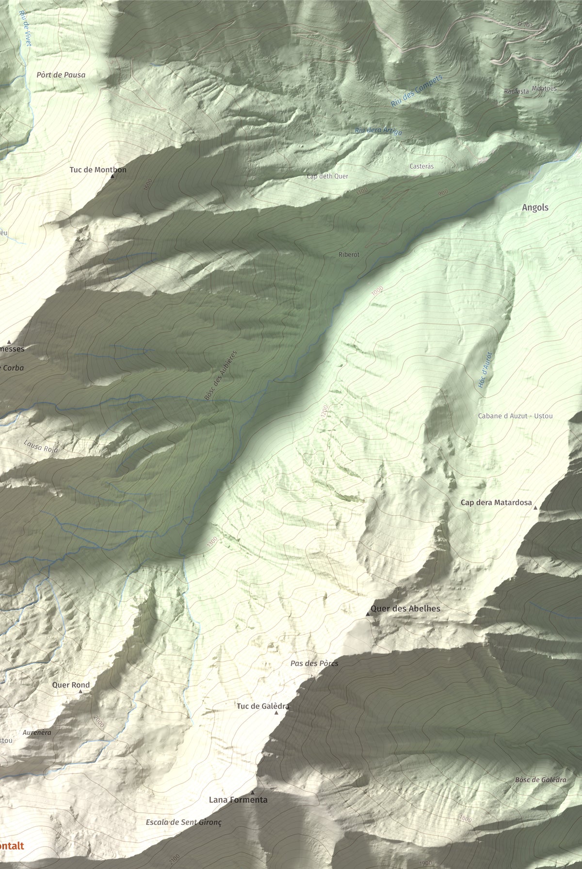 Mapa de relieve de Pic de Montalt, 2496 m, Pallars Sobirà, lámina 100 Cims de Trobart. Detalle de la zona superior derecha. 61 × 91 cm.