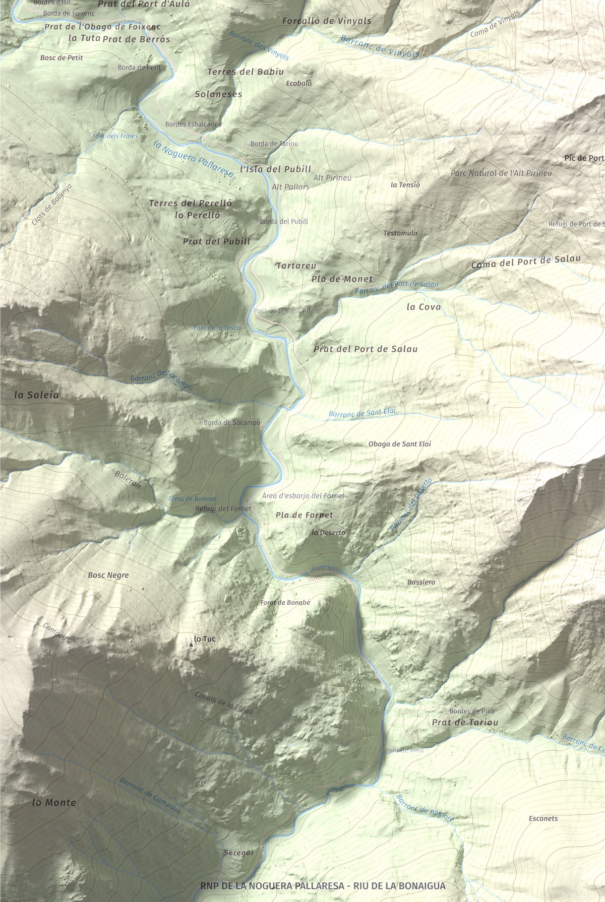 Mapa de relieve de Pic de Montalt, 2496 m, Pallars Sobirà, lámina 100 Cims de Trobart. Detalle de la zona inferior izquierda. 61 × 91 cm.
