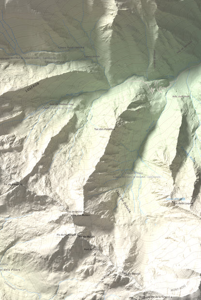 Mapa de relieve de Pic de Montalt, 2496 m, Pallars Sobirà, lámina 100 Cims de Trobart. Detalle de la zona inferior derecha. 61 × 91 cm.