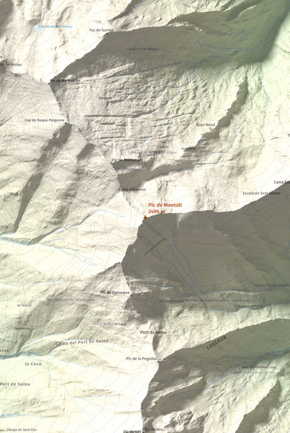 Mapa de relieve de Pic de Montalt, 2496 m, Pallars Sobirà, lámina 100 Cims de Trobart. Detalle de la zona central. 61 × 91 cm.