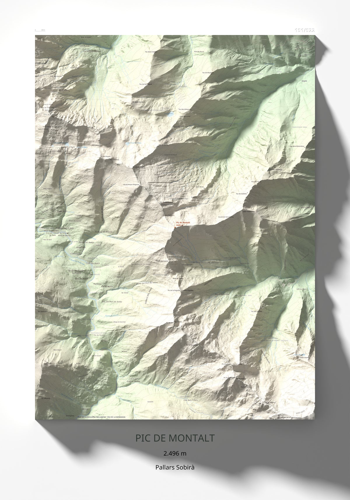 Mapa de relieve de Pic de Montalt, 2496 m, Pallars Sobirà, lámina 100 Cims de Trobart 70 × 100 cm.