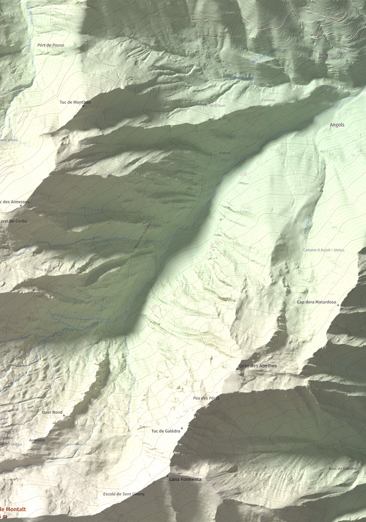 Mapa de relieve de Pic de Montalt, 2496 m, Pallars Sobirà, lámina 100 Cims de Trobart. Detalle de la zona superior derecha. 70 × 100 cm.