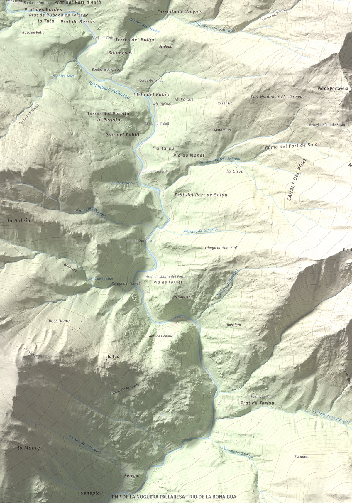 Mapa de relieve de Pic de Montalt, 2496 m, Pallars Sobirà, lámina 100 Cims de Trobart. Detalle de la zona inferior izquierda. 70 × 100 cm.