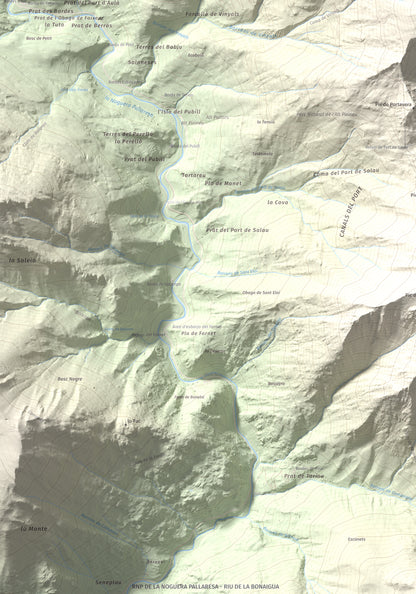Mapa de relieve de Pic de Montalt, 2496 m, Pallars Sobirà, lámina 100 Cims de Trobart. Detalle de la zona inferior izquierda. 70 × 100 cm.