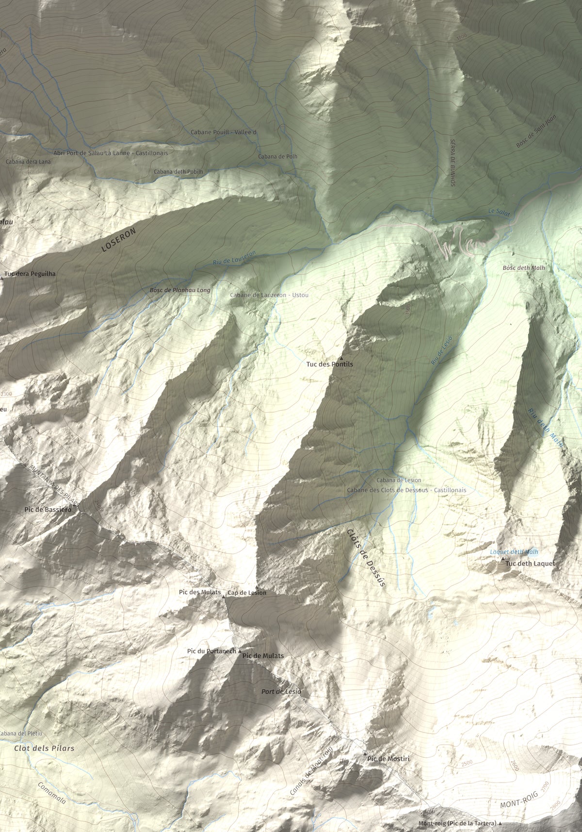Mapa de relieve de Pic de Montalt, 2496 m, Pallars Sobirà, lámina 100 Cims de Trobart. Detalle de la zona inferior derecha. 70 × 100 cm.