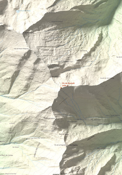 Mapa de relieve de Pic de Montalt, 2496 m, Pallars Sobirà, lámina 100 Cims de Trobart. Detalle de la zona central. 70 × 100 cm.