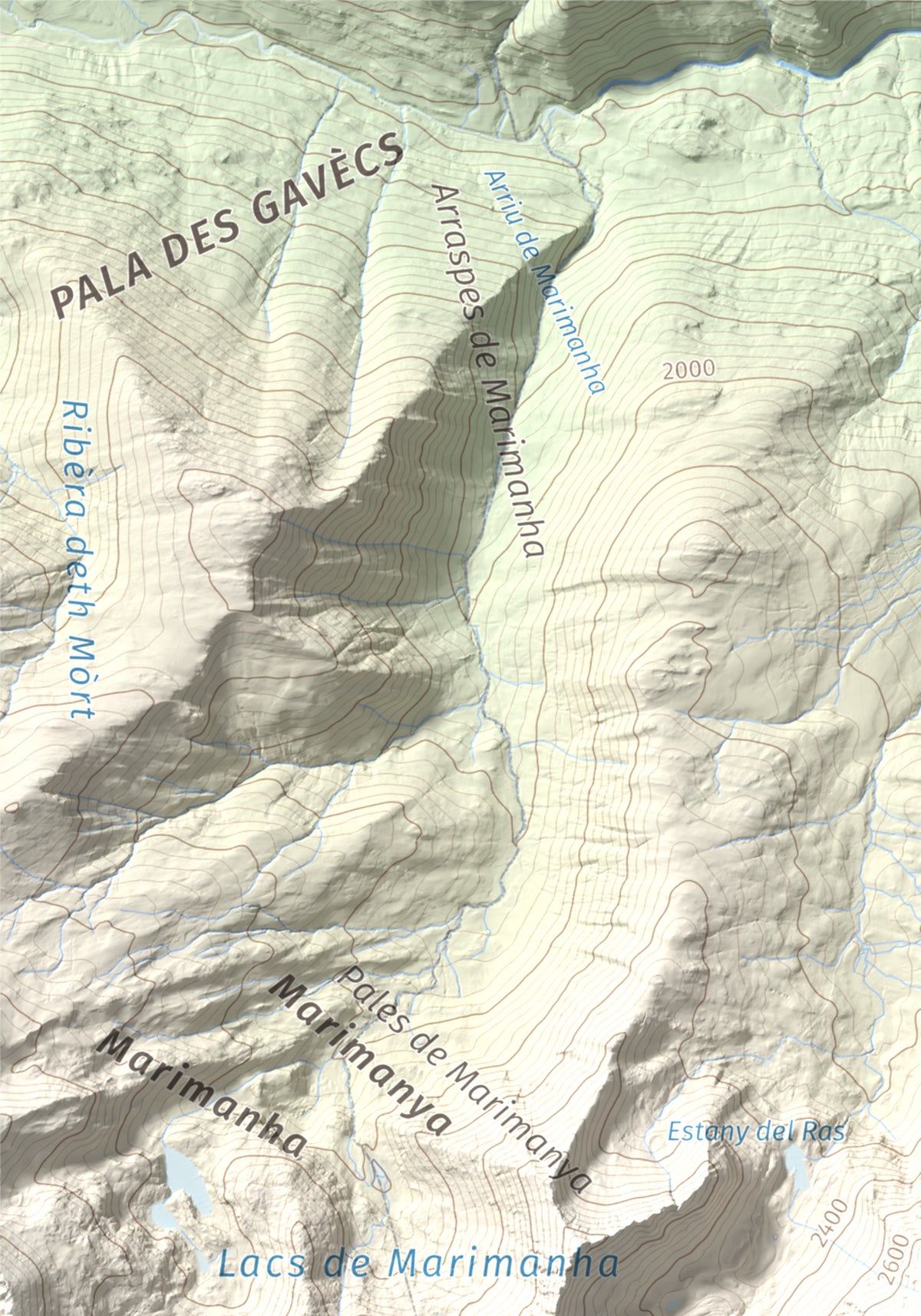 Mapa de relieve de Pic de Moredo, 2766 m, Pallars Sobirà, lámina 100 Cims de Trobart. Detalle de la zona superior izquierda. 21 × 30 cm.
