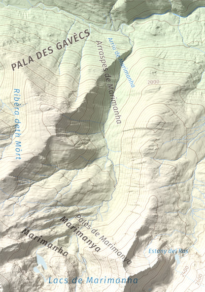 Mapa de relieve de Pic de Moredo, 2766 m, Pallars Sobirà, lámina 100 Cims de Trobart. Detalle de la zona superior izquierda. 21 × 30 cm.