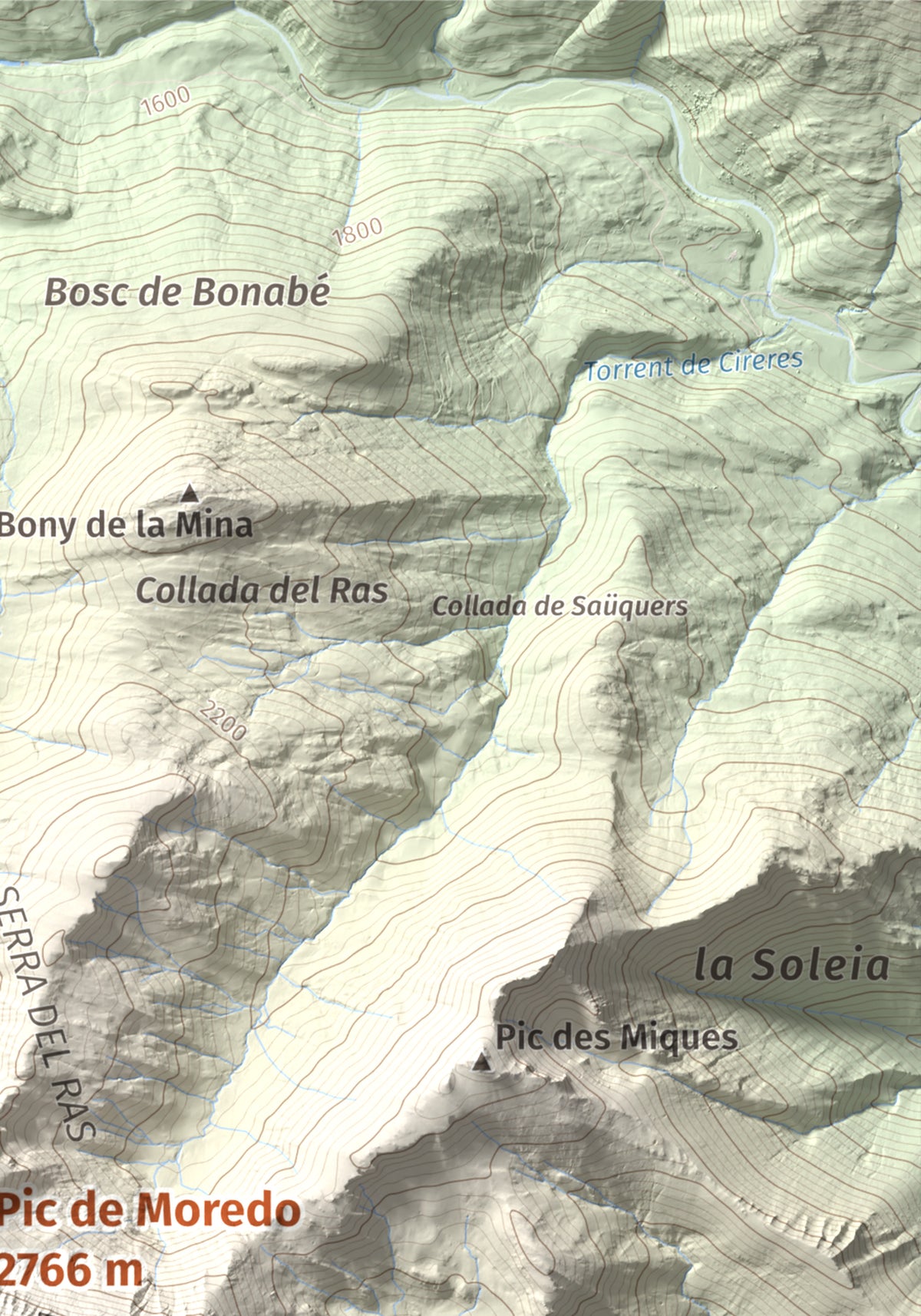 Mapa de relieve de Pic de Moredo, 2766 m, Pallars Sobirà, lámina 100 Cims de Trobart. Detalle de la zona superior derecha. 21 × 30 cm.