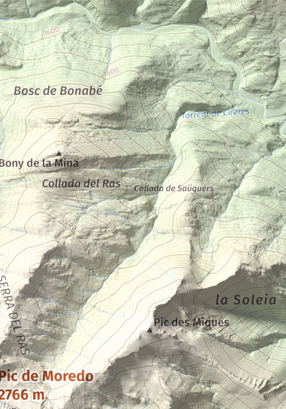 Mapa de relieve de Pic de Moredo, 2766 m, Pallars Sobirà, lámina 100 Cims de Trobart. Detalle de la zona superior derecha. 21 × 30 cm.