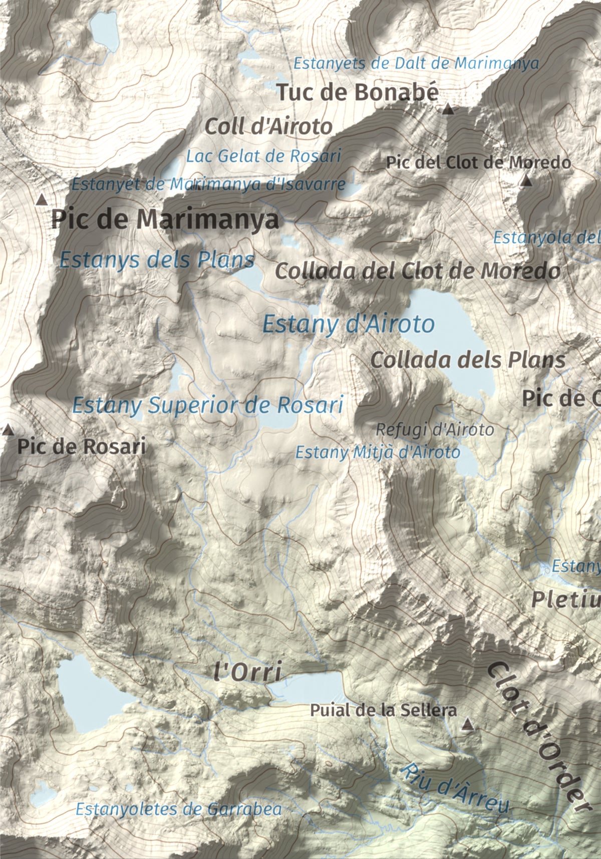 Mapa de relieve de Pic de Moredo, 2766 m, Pallars Sobirà, lámina 100 Cims de Trobart. Detalle de la zona inferior izquierda. 21 × 30 cm.