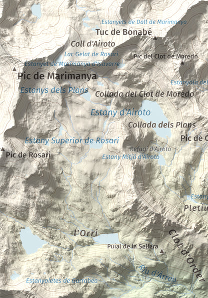 Mapa de relieve de Pic de Moredo, 2766 m, Pallars Sobirà, lámina 100 Cims de Trobart. Detalle de la zona inferior izquierda. 21 × 30 cm.