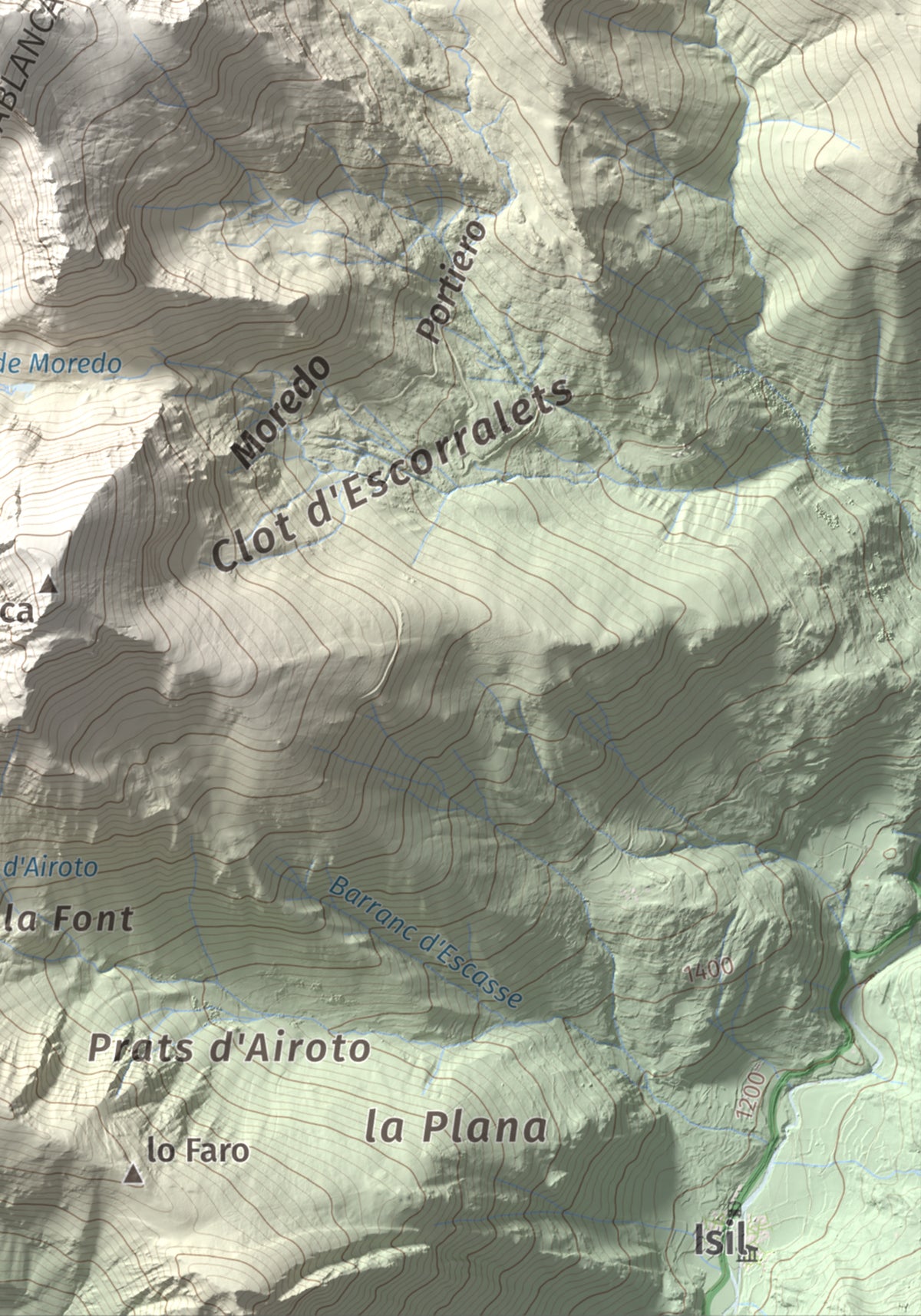 Mapa de relieve de Pic de Moredo, 2766 m, Pallars Sobirà, lámina 100 Cims de Trobart. Detalle de la zona inferior derecha. 21 × 30 cm.