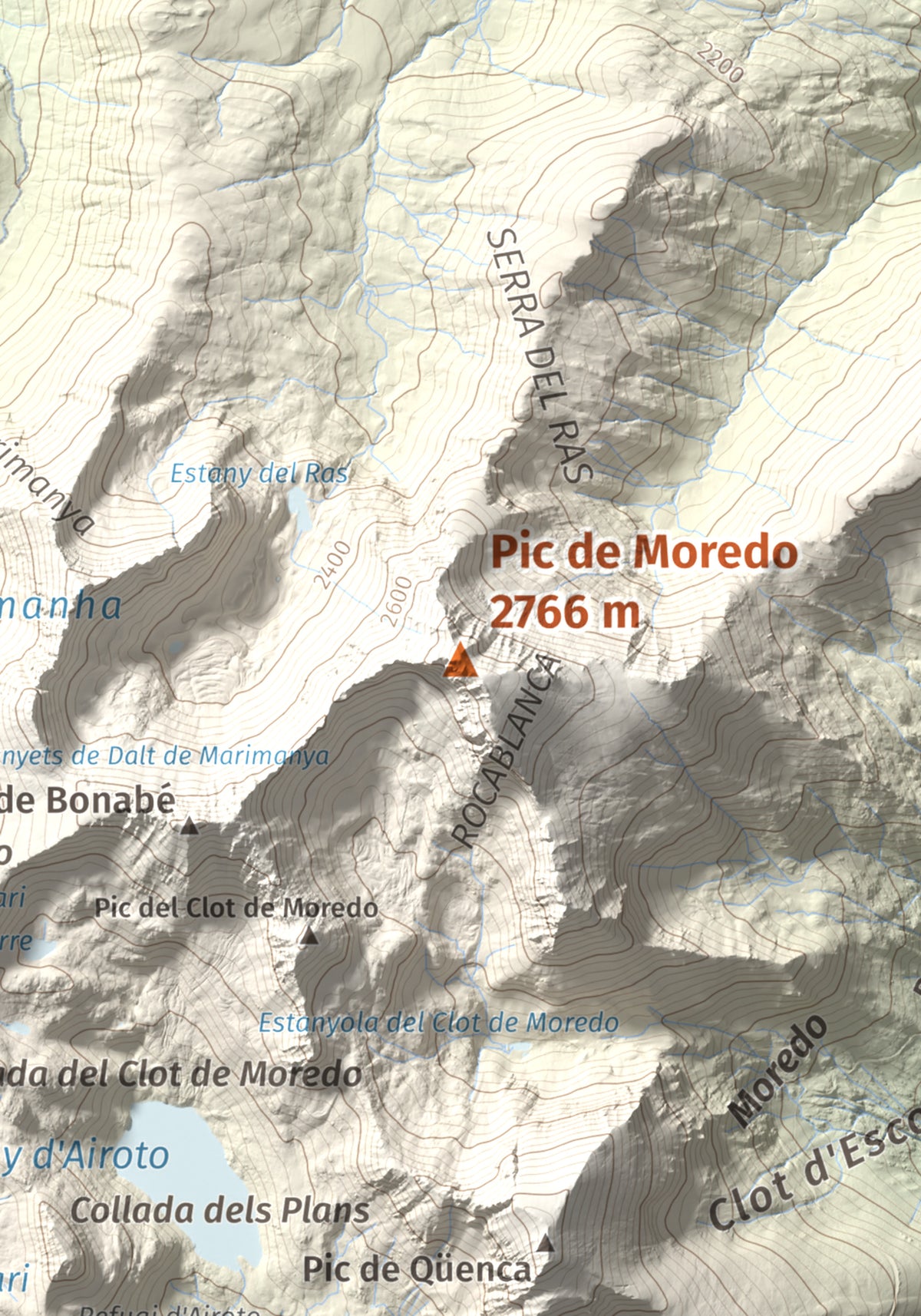 Mapa de relieve de Pic de Moredo, 2766 m, Pallars Sobirà, lámina 100 Cims de Trobart. Detalle de la zona central. 21 × 30 cm.