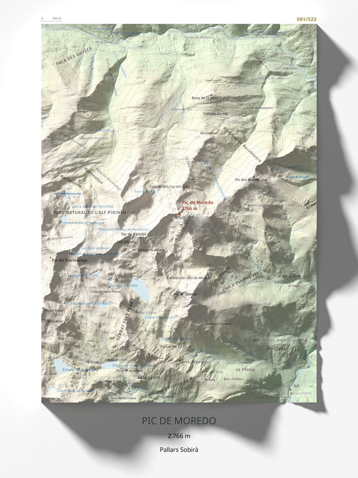 Mapa de relieve de Pic de Moredo, 2766 m, Pallars Sobirà, lámina 100 Cims de Trobart 30 × 40 cm.