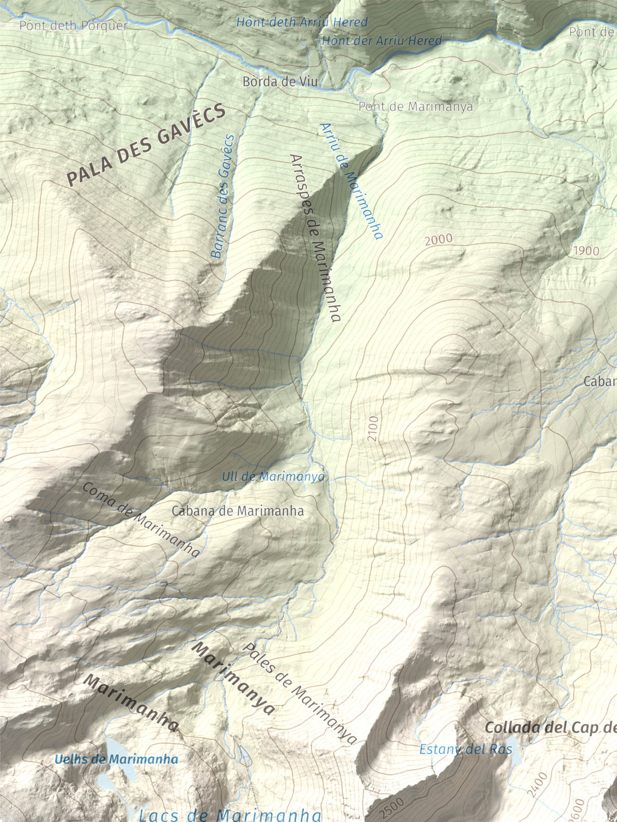 Mapa de relieve de Pic de Moredo, 2766 m, Pallars Sobirà, lámina 100 Cims de Trobart. Detalle de la zona superior izquierda. 30 × 40 cm.