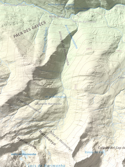 Mapa de relieve de Pic de Moredo, 2766 m, Pallars Sobirà, lámina 100 Cims de Trobart. Detalle de la zona superior izquierda. 30 × 40 cm.