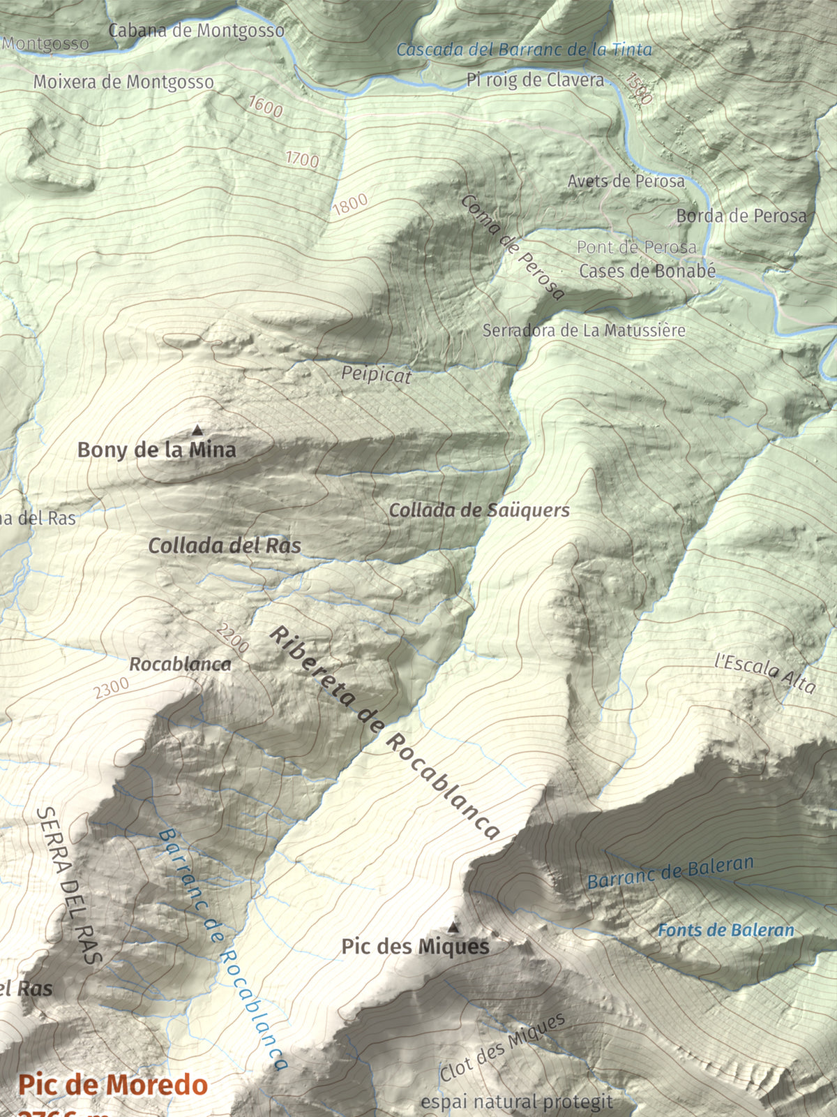 Mapa de relieve de Pic de Moredo, 2766 m, Pallars Sobirà, lámina 100 Cims de Trobart. Detalle de la zona superior derecha. 30 × 40 cm.