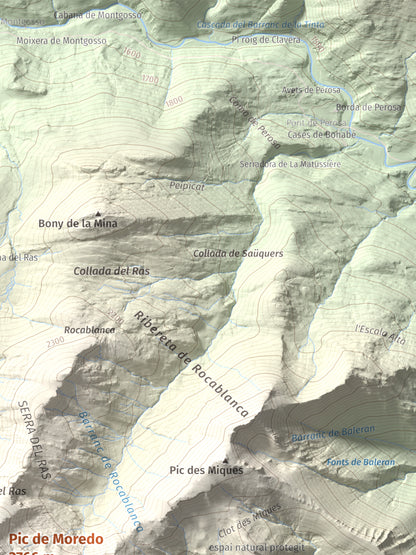 Mapa de relieve de Pic de Moredo, 2766 m, Pallars Sobirà, lámina 100 Cims de Trobart. Detalle de la zona superior derecha. 30 × 40 cm.