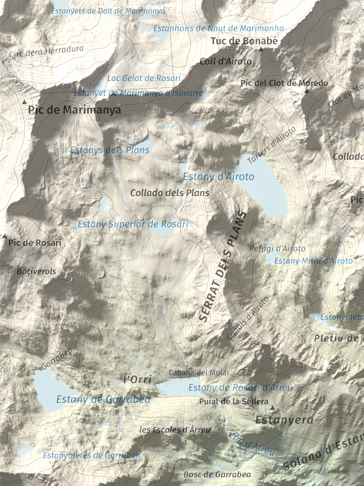 Mapa de relieve de Pic de Moredo, 2766 m, Pallars Sobirà, lámina 100 Cims de Trobart. Detalle de la zona inferior izquierda. 30 × 40 cm.