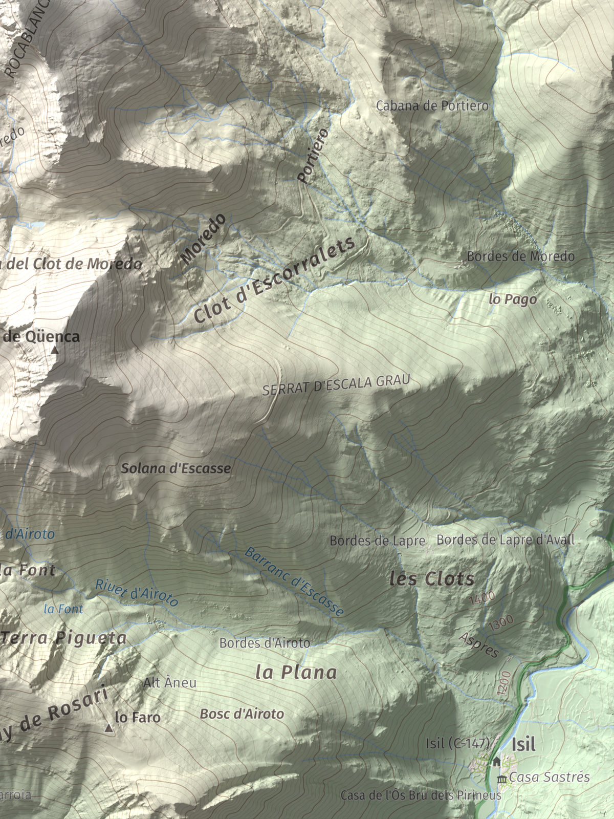 Mapa de relieve de Pic de Moredo, 2766 m, Pallars Sobirà, lámina 100 Cims de Trobart. Detalle de la zona inferior derecha. 30 × 40 cm.