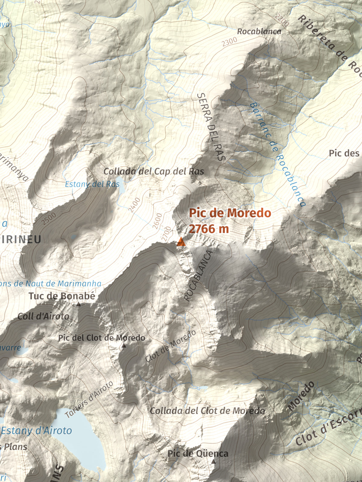 Mapa de relieve de Pic de Moredo, 2766 m, Pallars Sobirà, lámina 100 Cims de Trobart. Detalle de la zona central. 30 × 40 cm.