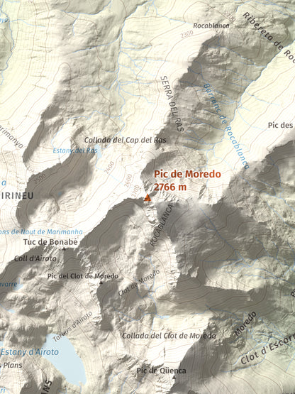 Mapa de relieve de Pic de Moredo, 2766 m, Pallars Sobirà, lámina 100 Cims de Trobart. Detalle de la zona central. 30 × 40 cm.