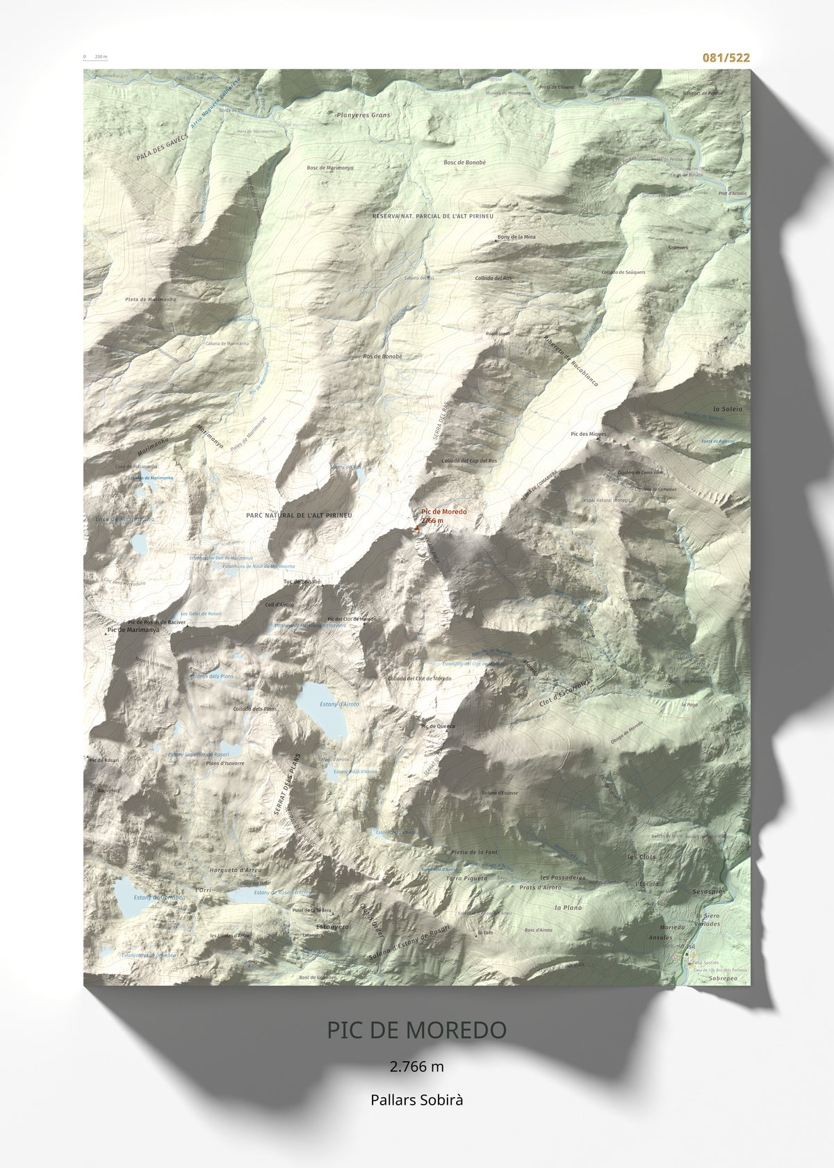 Mapa de relieve de Pic de Moredo, 2766 m, Pallars Sobirà, lámina 100 Cims de Trobart 50 × 70 cm.