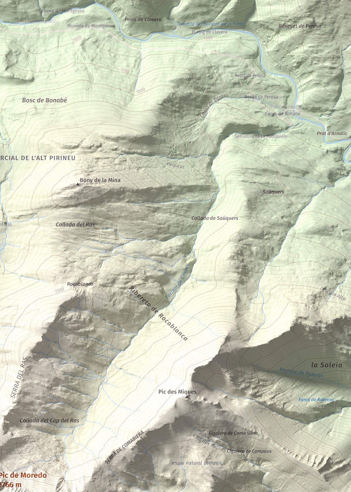 Mapa de relieve de Pic de Moredo, 2766 m, Pallars Sobirà, lámina 100 Cims de Trobart. Detalle de la zona superior derecha. 50 × 70 cm.
