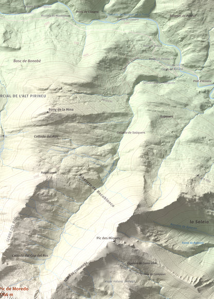 Mapa de relieve de Pic de Moredo, 2766 m, Pallars Sobirà, lámina 100 Cims de Trobart. Detalle de la zona superior derecha. 50 × 70 cm.