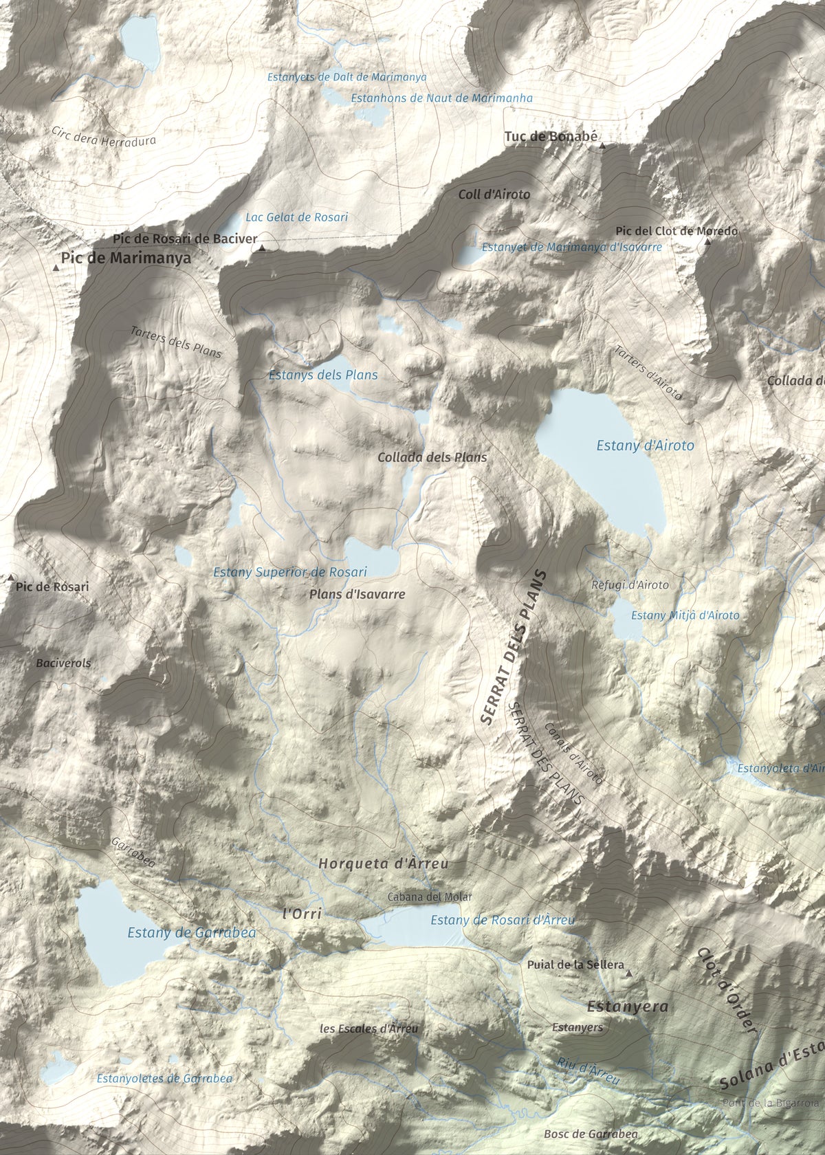 Mapa de relieve de Pic de Moredo, 2766 m, Pallars Sobirà, lámina 100 Cims de Trobart. Detalle de la zona inferior izquierda. 50 × 70 cm.