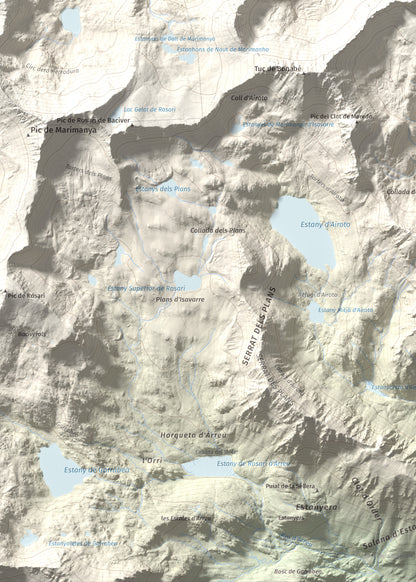 Mapa de relieve de Pic de Moredo, 2766 m, Pallars Sobirà, lámina 100 Cims de Trobart. Detalle de la zona inferior izquierda. 50 × 70 cm.