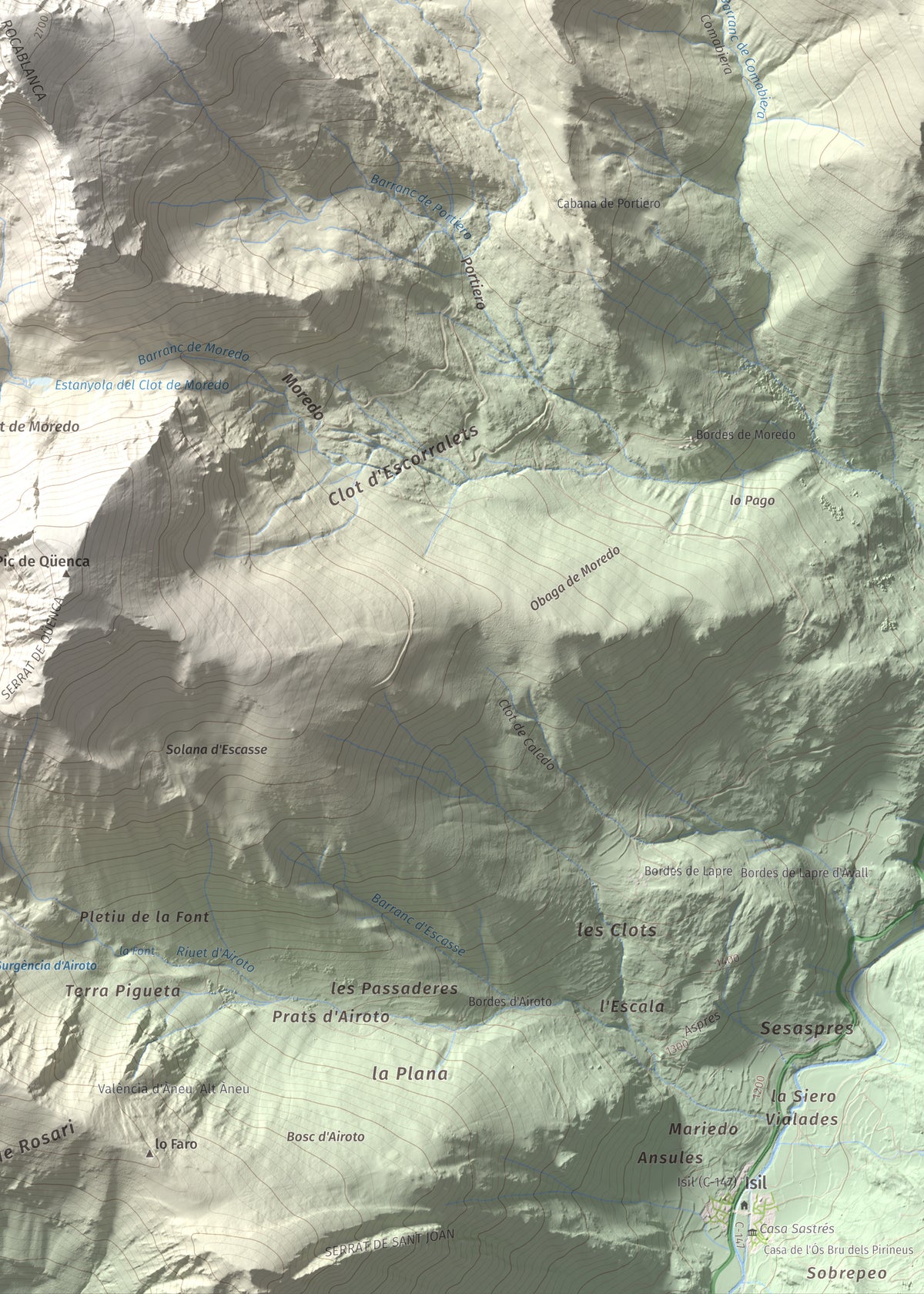 Mapa de relieve de Pic de Moredo, 2766 m, Pallars Sobirà, lámina 100 Cims de Trobart. Detalle de la zona inferior derecha. 50 × 70 cm.