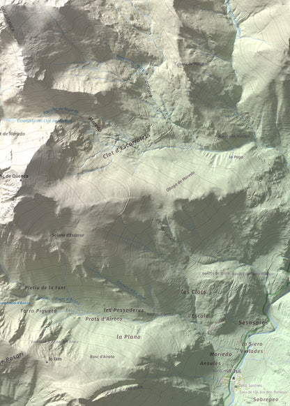 Mapa de relieve de Pic de Moredo, 2766 m, Pallars Sobirà, lámina 100 Cims de Trobart. Detalle de la zona inferior derecha. 50 × 70 cm.