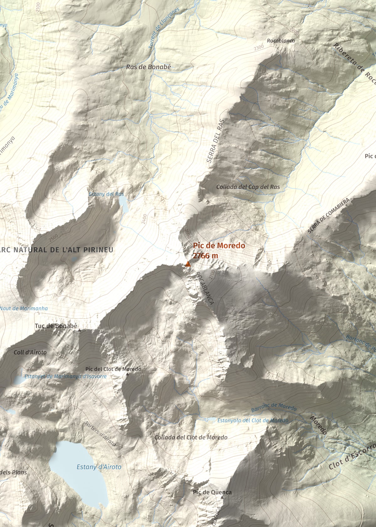 Mapa de relieve de Pic de Moredo, 2766 m, Pallars Sobirà, lámina 100 Cims de Trobart. Detalle de la zona central. 50 × 70 cm.