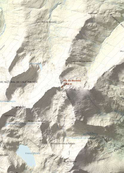 Mapa de relieve de Pic de Moredo, 2766 m, Pallars Sobirà, lámina 100 Cims de Trobart. Detalle de la zona central. 50 × 70 cm.