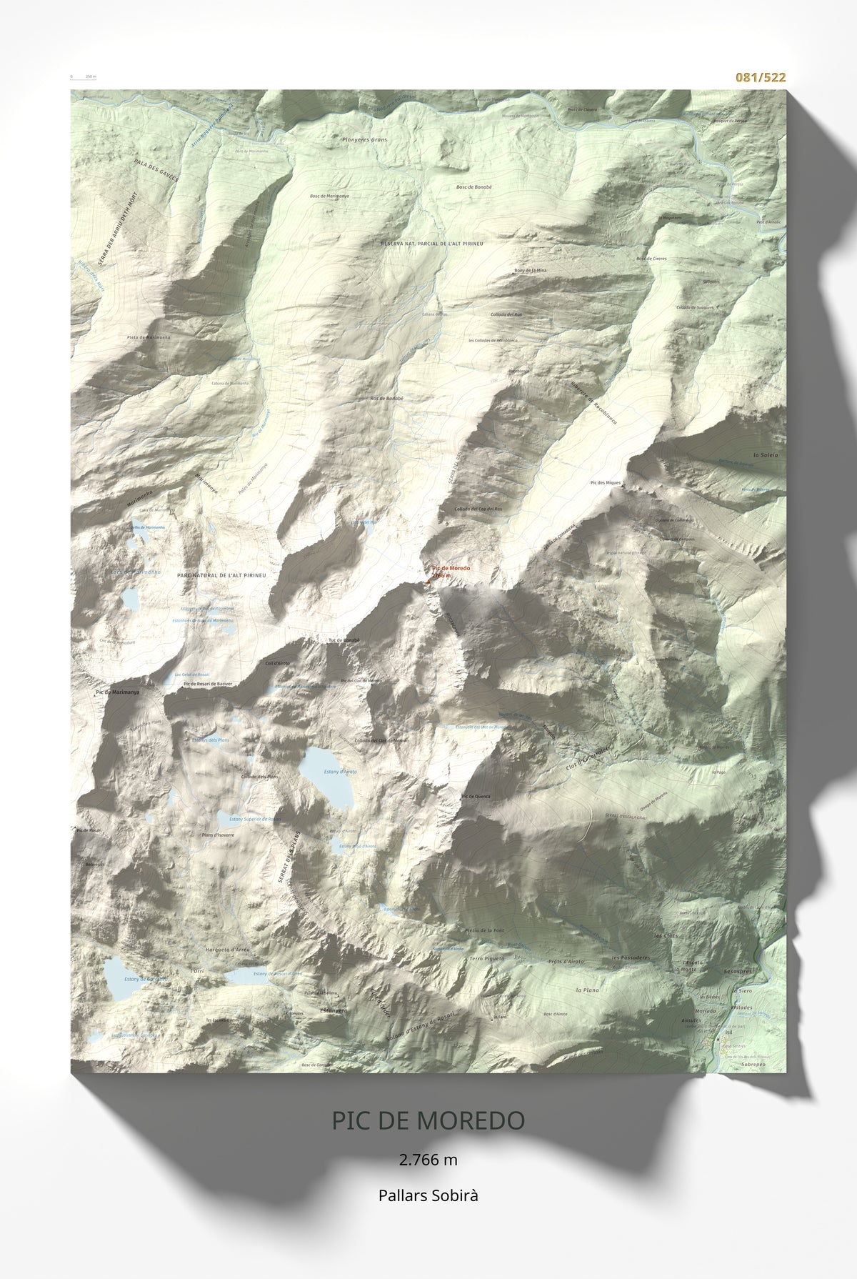 Mapa de relieve de Pic de Moredo, 2766 m, Pallars Sobirà, lámina 100 Cims de Trobart 61 × 91 cm.