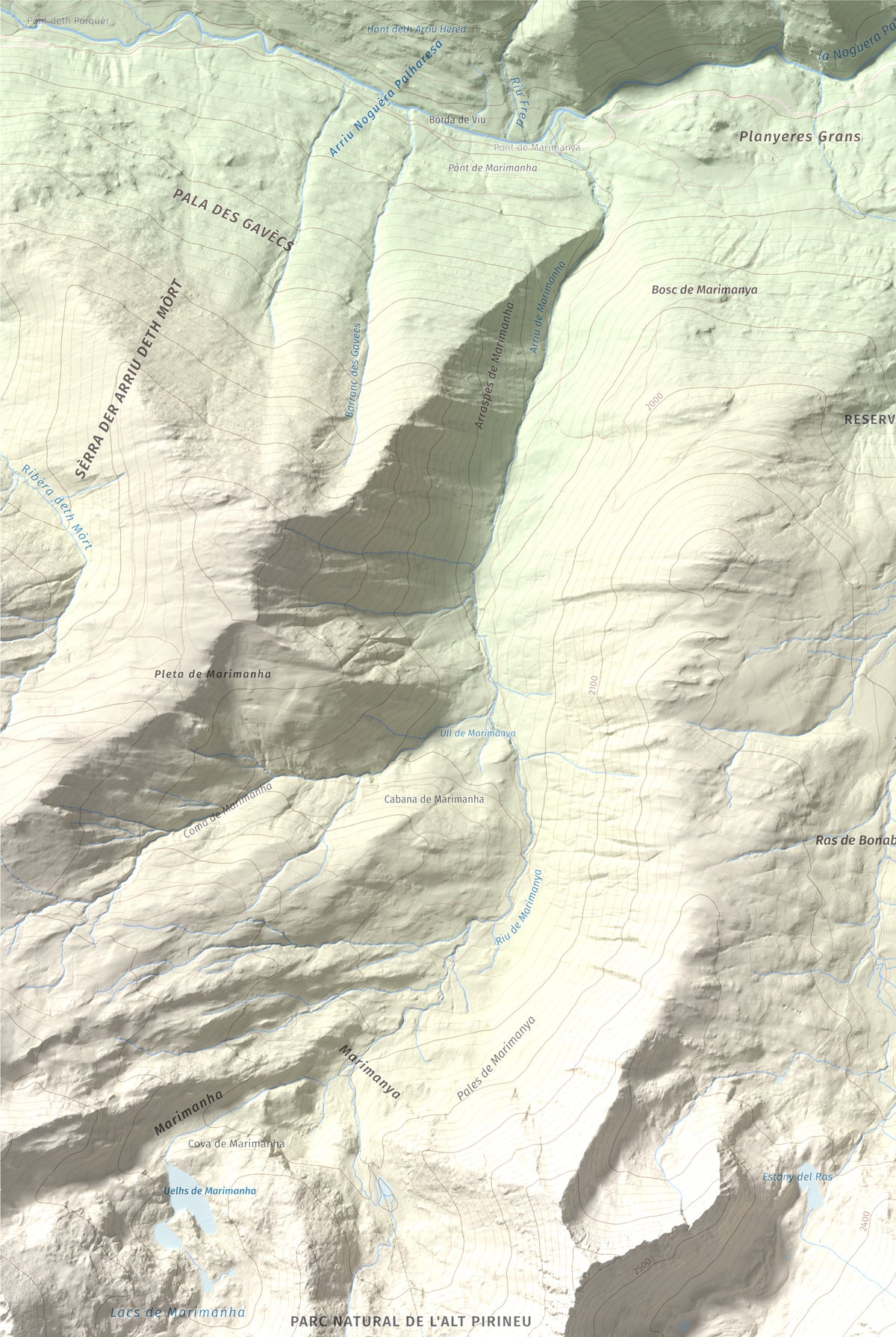 Mapa de relieve de Pic de Moredo, 2766 m, Pallars Sobirà, lámina 100 Cims de Trobart. Detalle de la zona superior izquierda. 61 × 91 cm.