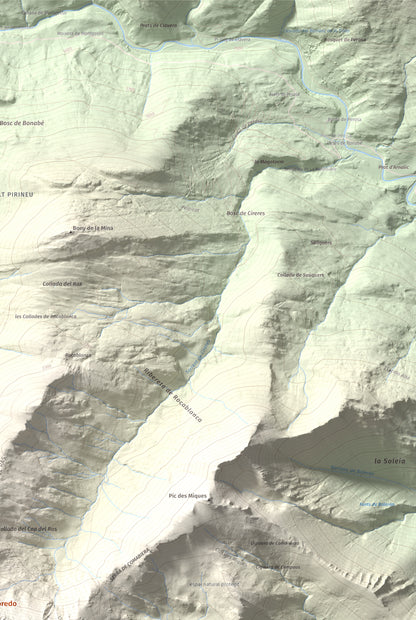 Mapa de relieve de Pic de Moredo, 2766 m, Pallars Sobirà, lámina 100 Cims de Trobart. Detalle de la zona superior derecha. 61 × 91 cm.