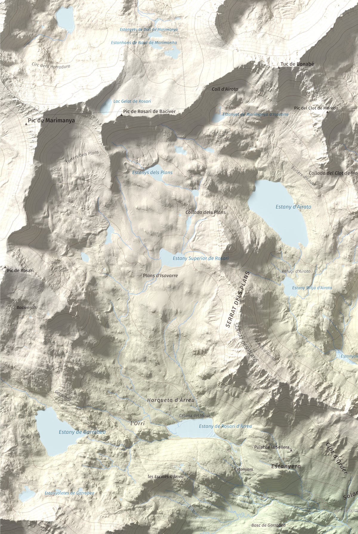 Mapa de relieve de Pic de Moredo, 2766 m, Pallars Sobirà, lámina 100 Cims de Trobart. Detalle de la zona inferior izquierda. 61 × 91 cm.
