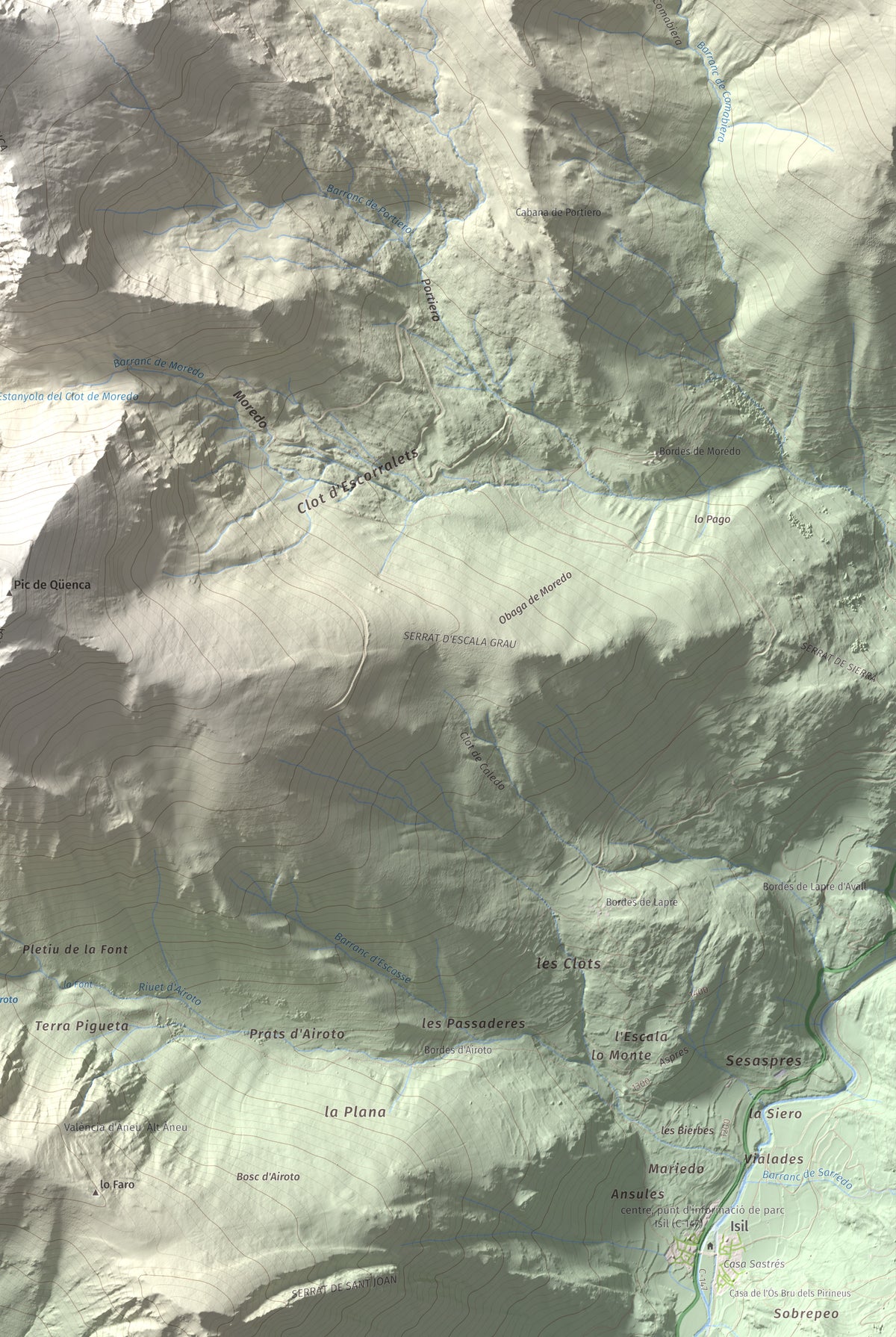 Mapa de relieve de Pic de Moredo, 2766 m, Pallars Sobirà, lámina 100 Cims de Trobart. Detalle de la zona inferior derecha. 61 × 91 cm.