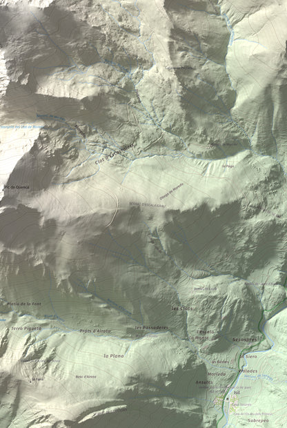 Mapa de relieve de Pic de Moredo, 2766 m, Pallars Sobirà, lámina 100 Cims de Trobart. Detalle de la zona inferior derecha. 61 × 91 cm.
