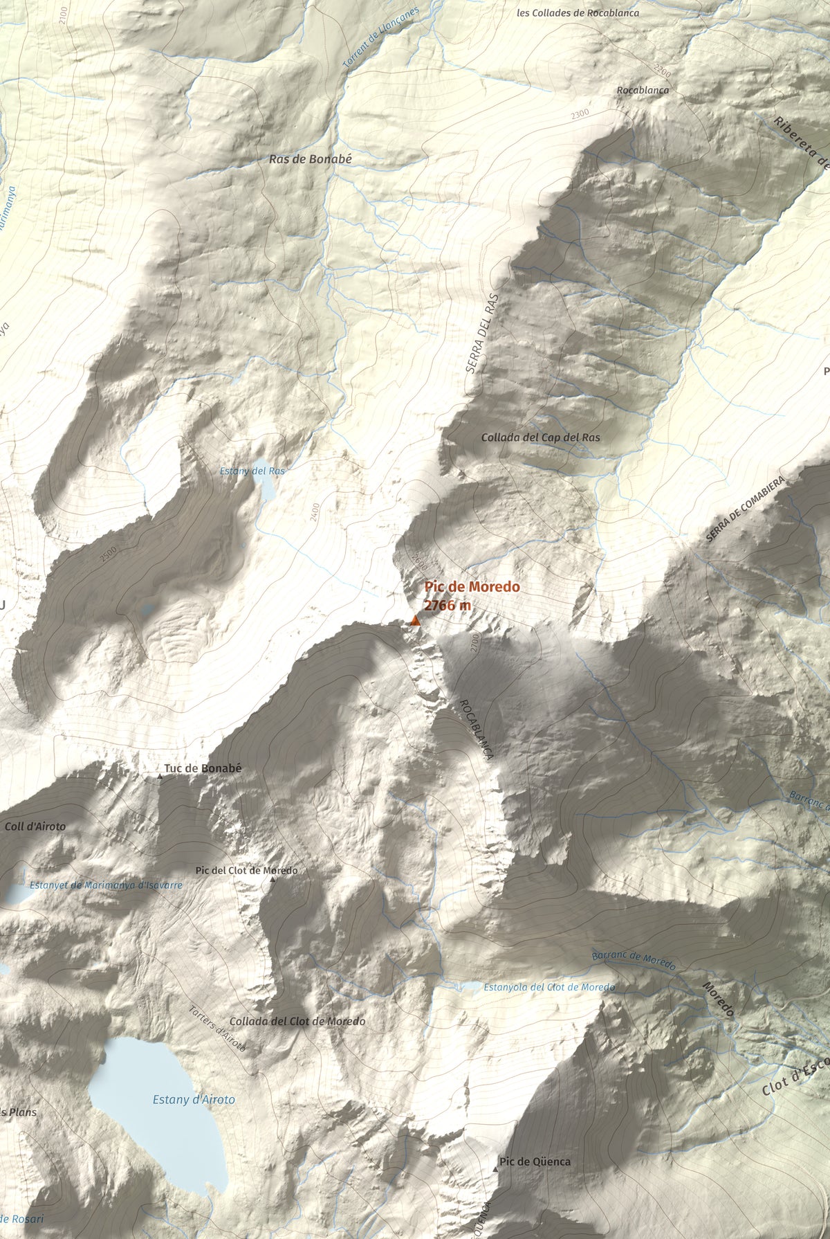 Mapa de relieve de Pic de Moredo, 2766 m, Pallars Sobirà, lámina 100 Cims de Trobart. Detalle de la zona central. 61 × 91 cm.