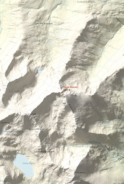 Mapa de relieve de Pic de Moredo, 2766 m, Pallars Sobirà, lámina 100 Cims de Trobart. Detalle de la zona central. 61 × 91 cm.