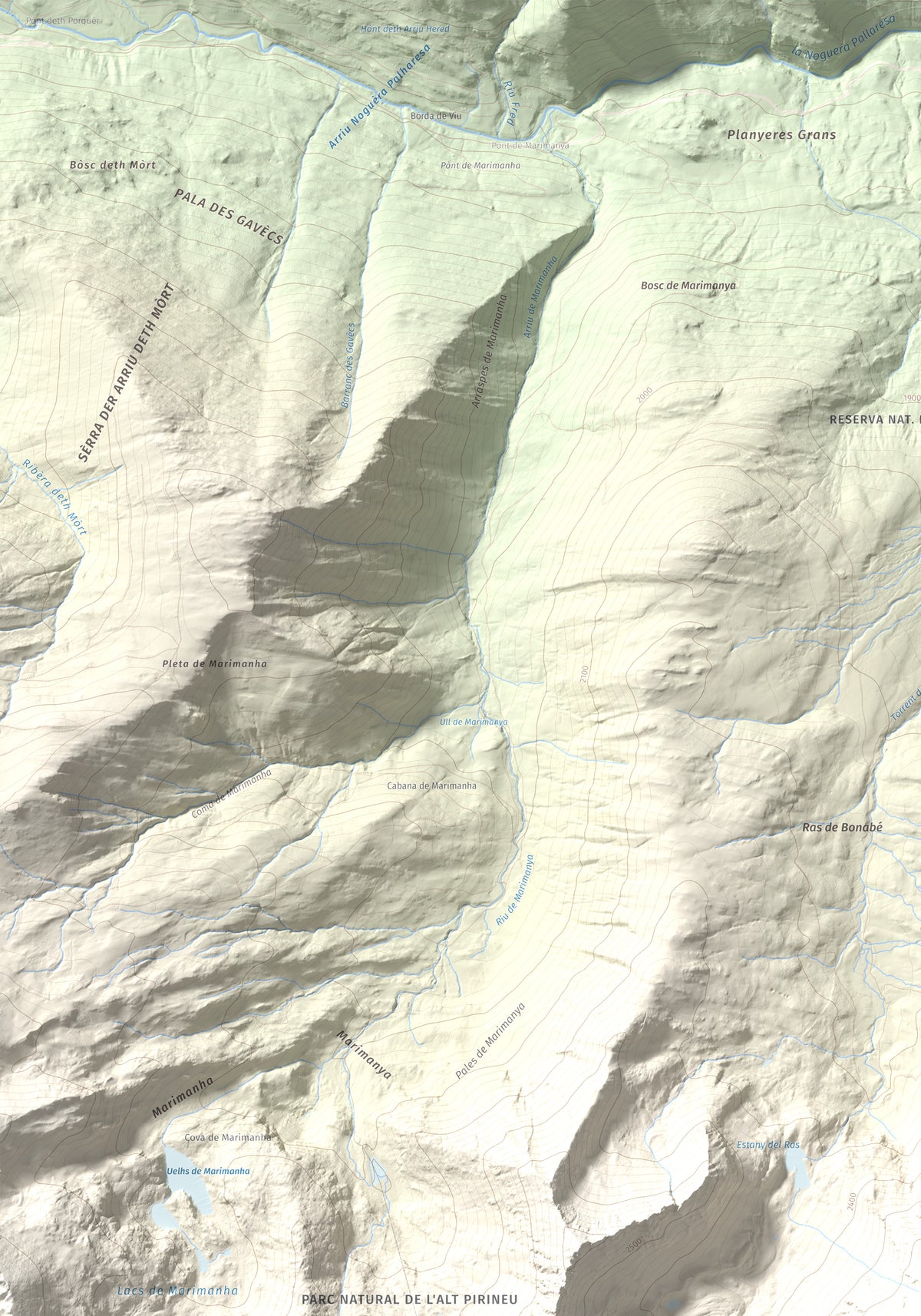 Mapa de relieve de Pic de Moredo, 2766 m, Pallars Sobirà, lámina 100 Cims de Trobart. Detalle de la zona superior izquierda. 70 × 100 cm.