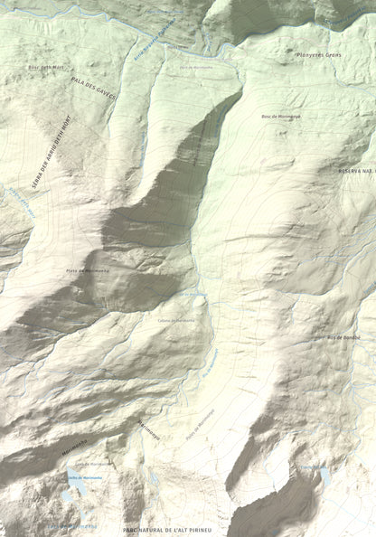 Mapa de relieve de Pic de Moredo, 2766 m, Pallars Sobirà, lámina 100 Cims de Trobart. Detalle de la zona superior izquierda. 70 × 100 cm.