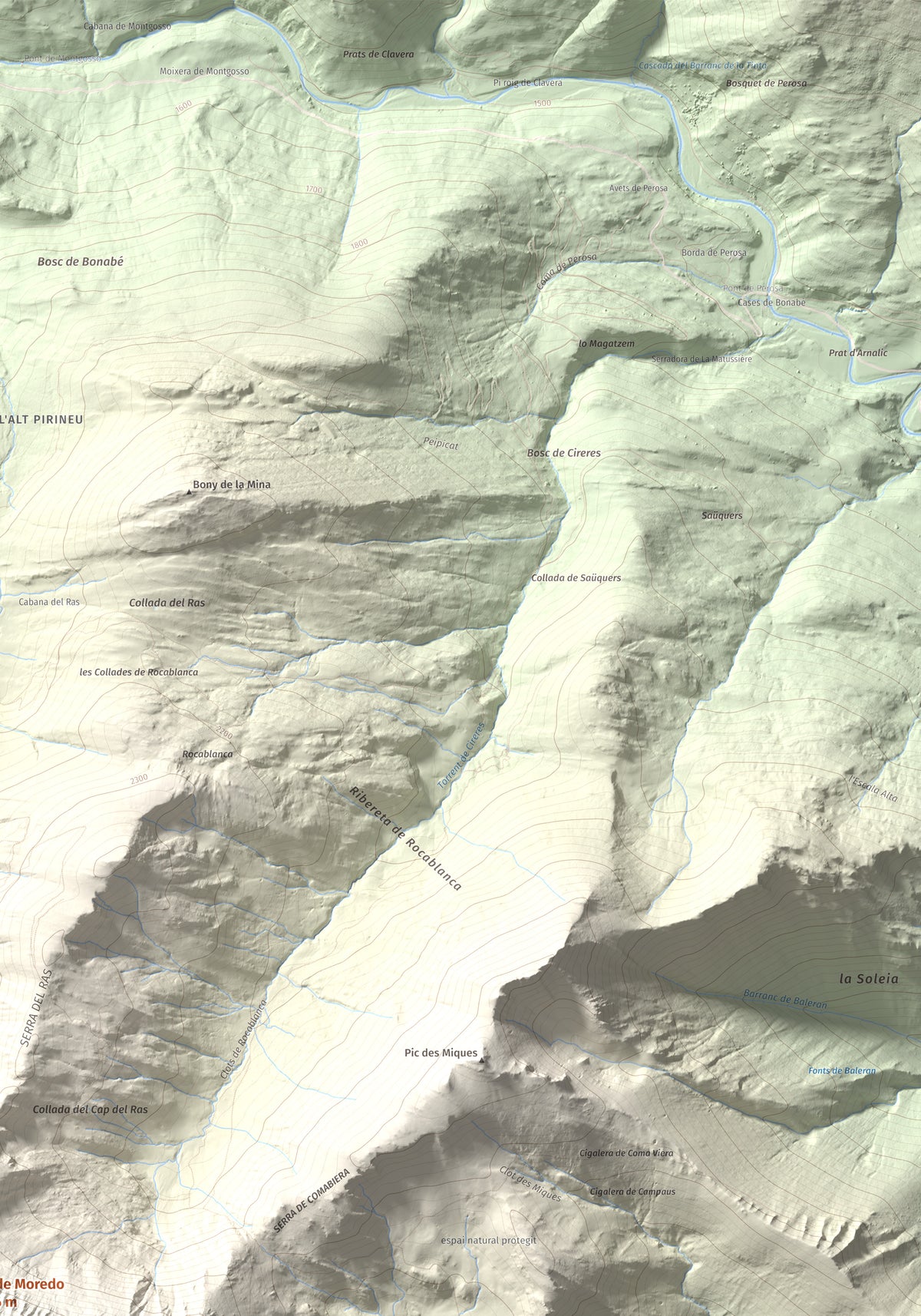 Mapa de relieve de Pic de Moredo, 2766 m, Pallars Sobirà, lámina 100 Cims de Trobart. Detalle de la zona superior derecha. 70 × 100 cm.