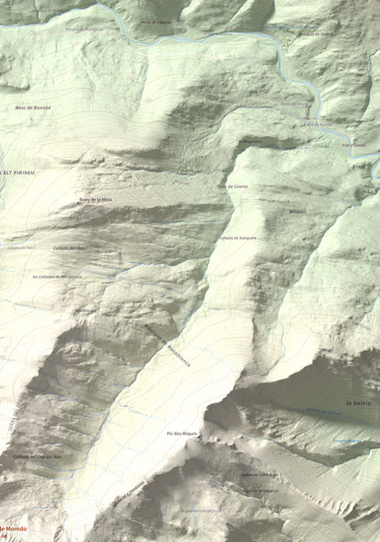 Mapa de relieve de Pic de Moredo, 2766 m, Pallars Sobirà, lámina 100 Cims de Trobart. Detalle de la zona superior derecha. 70 × 100 cm.