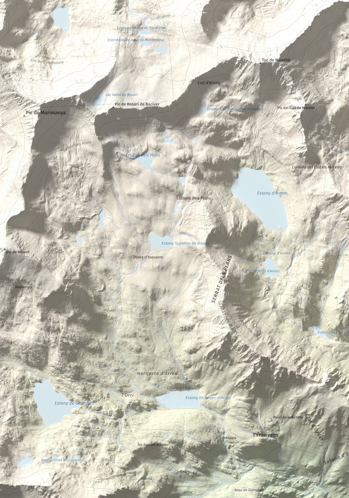 Mapa de relieve de Pic de Moredo, 2766 m, Pallars Sobirà, lámina 100 Cims de Trobart. Detalle de la zona inferior izquierda. 70 × 100 cm.